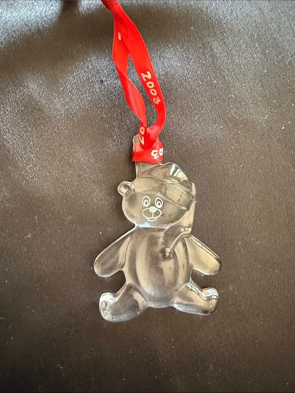 Orrefors Crystal 2003 Bear Ornament  with Red Ribbon